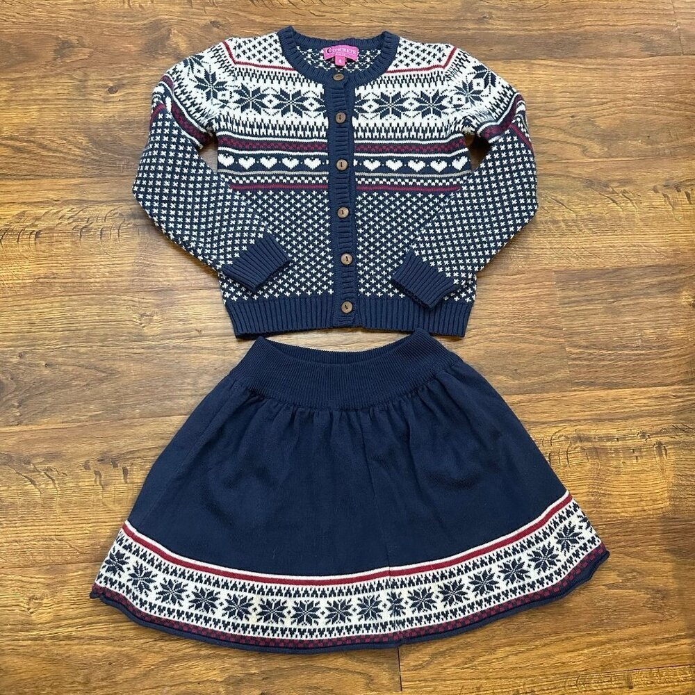 Fair isle wool sweater cardigan skirt set